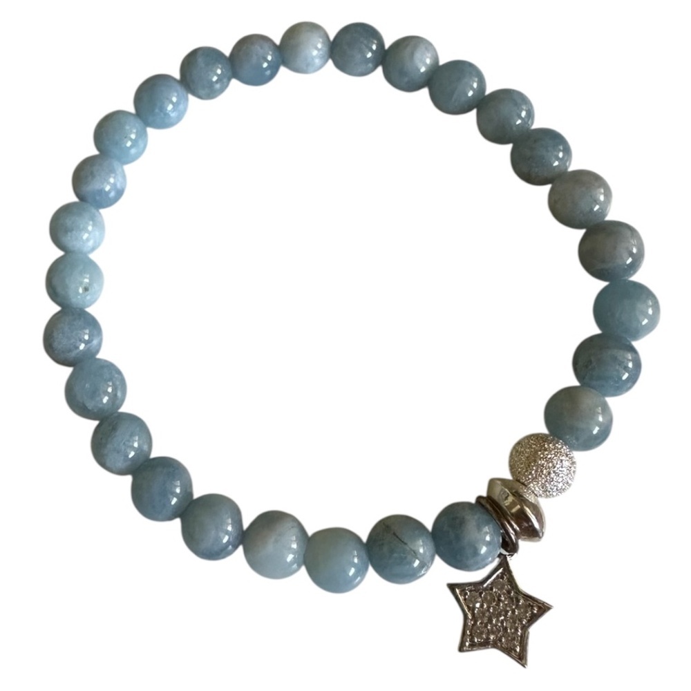 CLASSIC 6mm Blue Agate Stretch Bracelet Baby Blue Silver Star Charm 5.5–6.5”